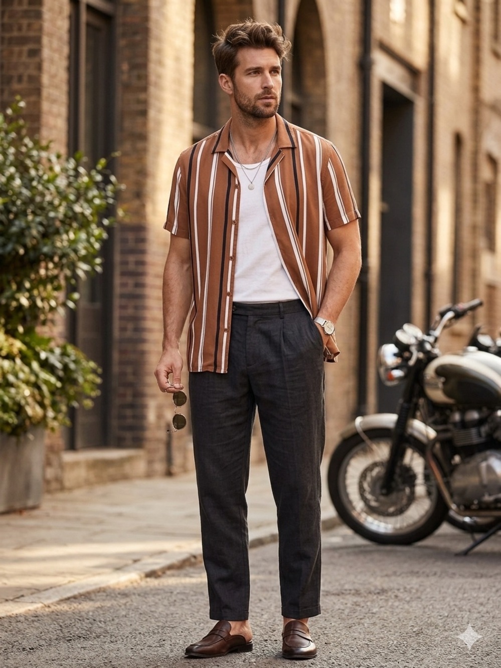 🕶️ Open Edit Rust Striped Camp 
Collar Shirt 👞